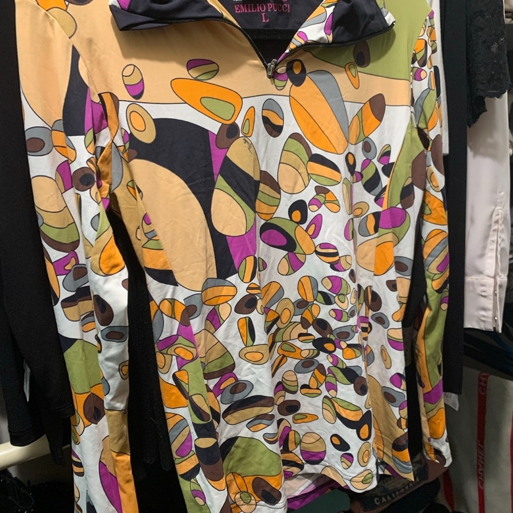 Emilio Pucci vintage Black Top with Pink Logo and Multicolor Trim